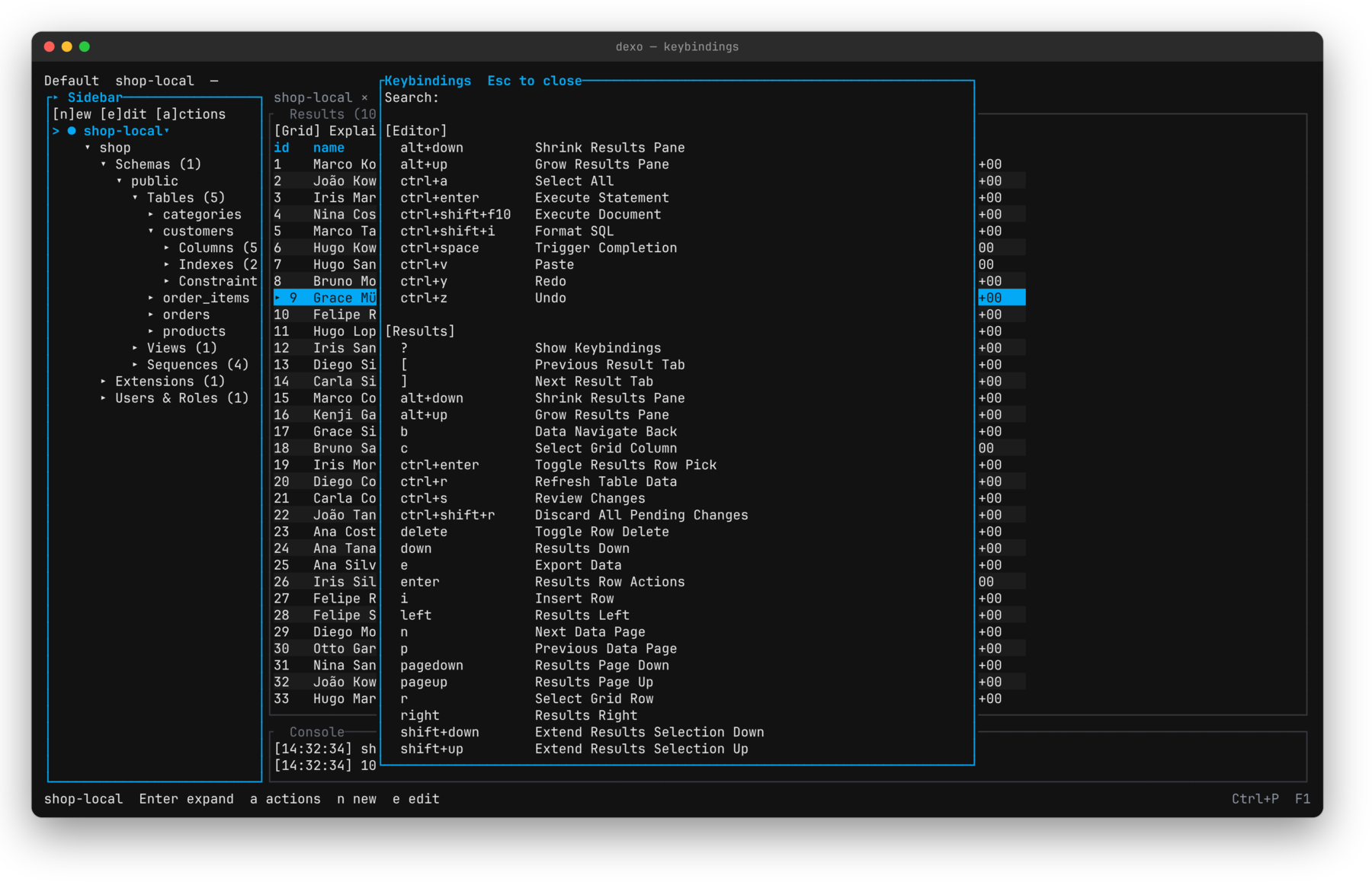 Keybindings reference