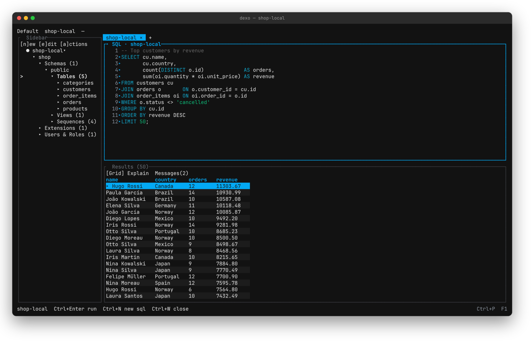 The Dexo workbench: catalog tree, SQL editor with syntax highlighting, and a results grid