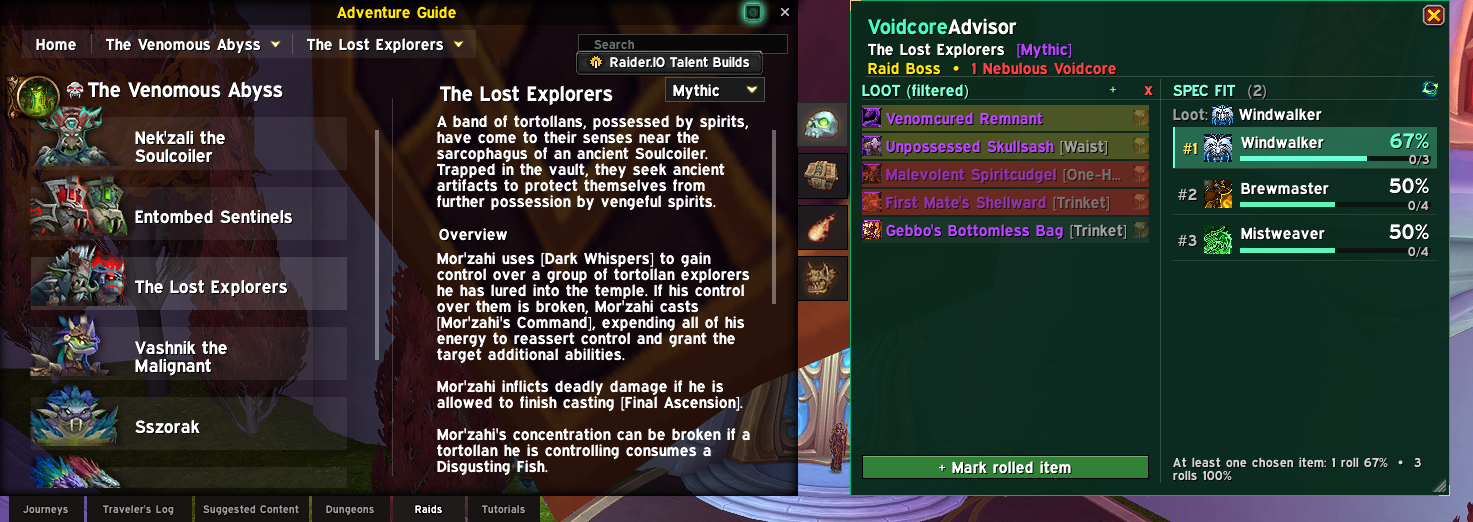 VoidcoreAdvisor Reborn panel next to the Adventure Guide