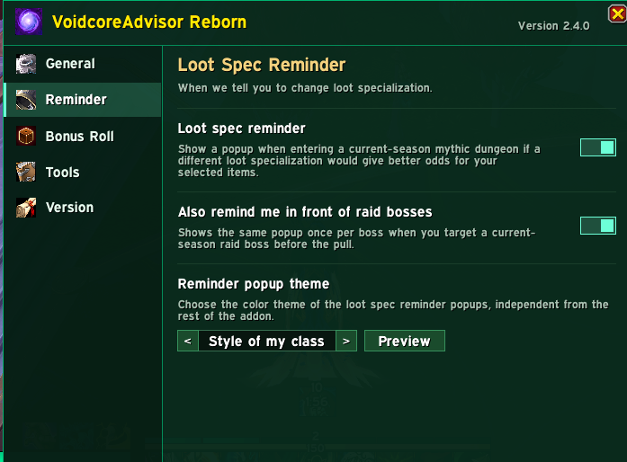 Settings window, Loot Spec Reminder tab