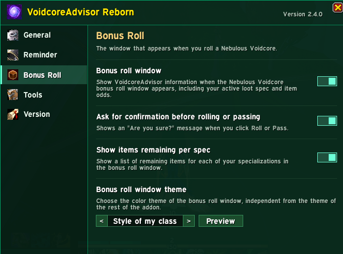 Settings window, Bonus Roll tab