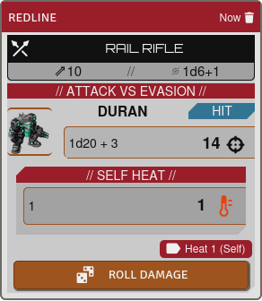 Attack HUD showing the Line 10 Rail Rifle attack roll