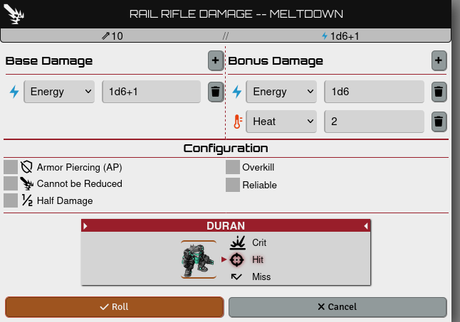 Damage HUD showing Fusion Hemorrhage converting Kinetic to Energy and adding a 1d6 Energy bonus plus 2 Heat