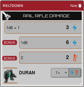 Chat card showing the rolled Fusion Hemorrhage damage results