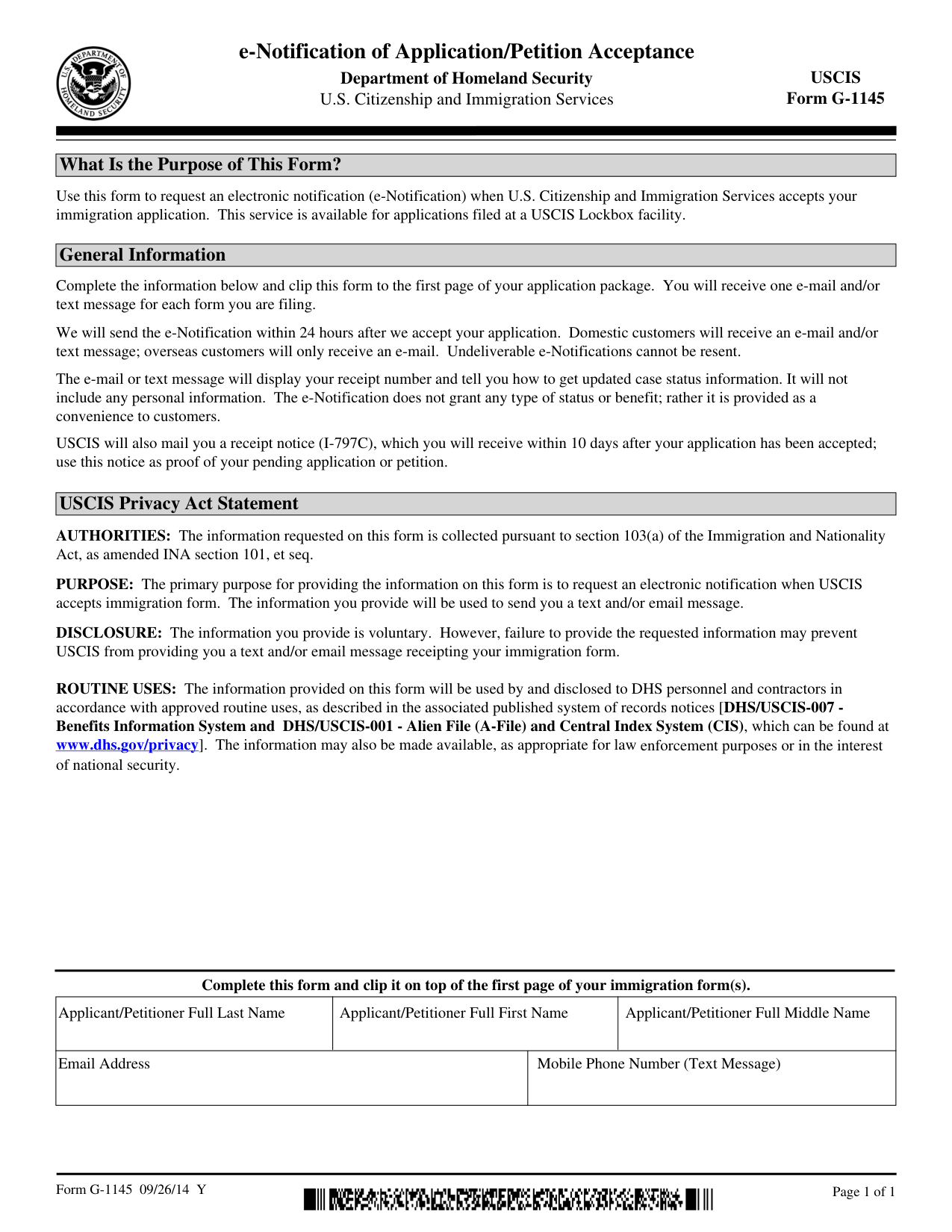 USCIS G-1145 source page