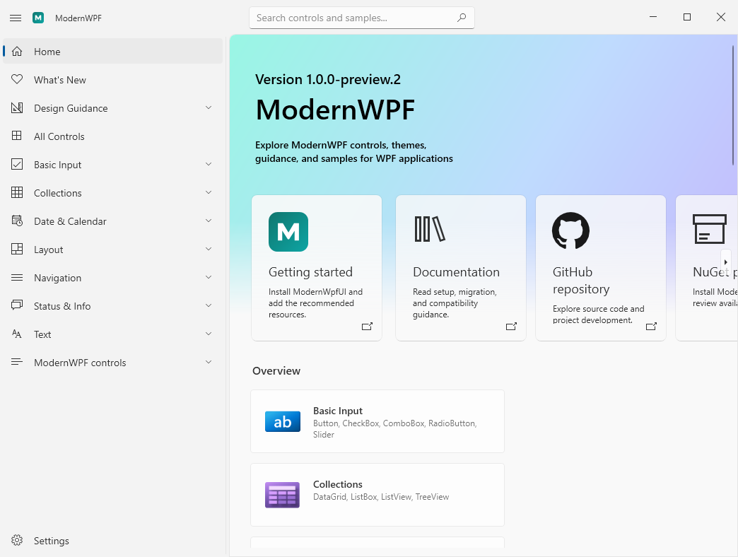 ModernWPF Gallery showing controls, samples, and navigation