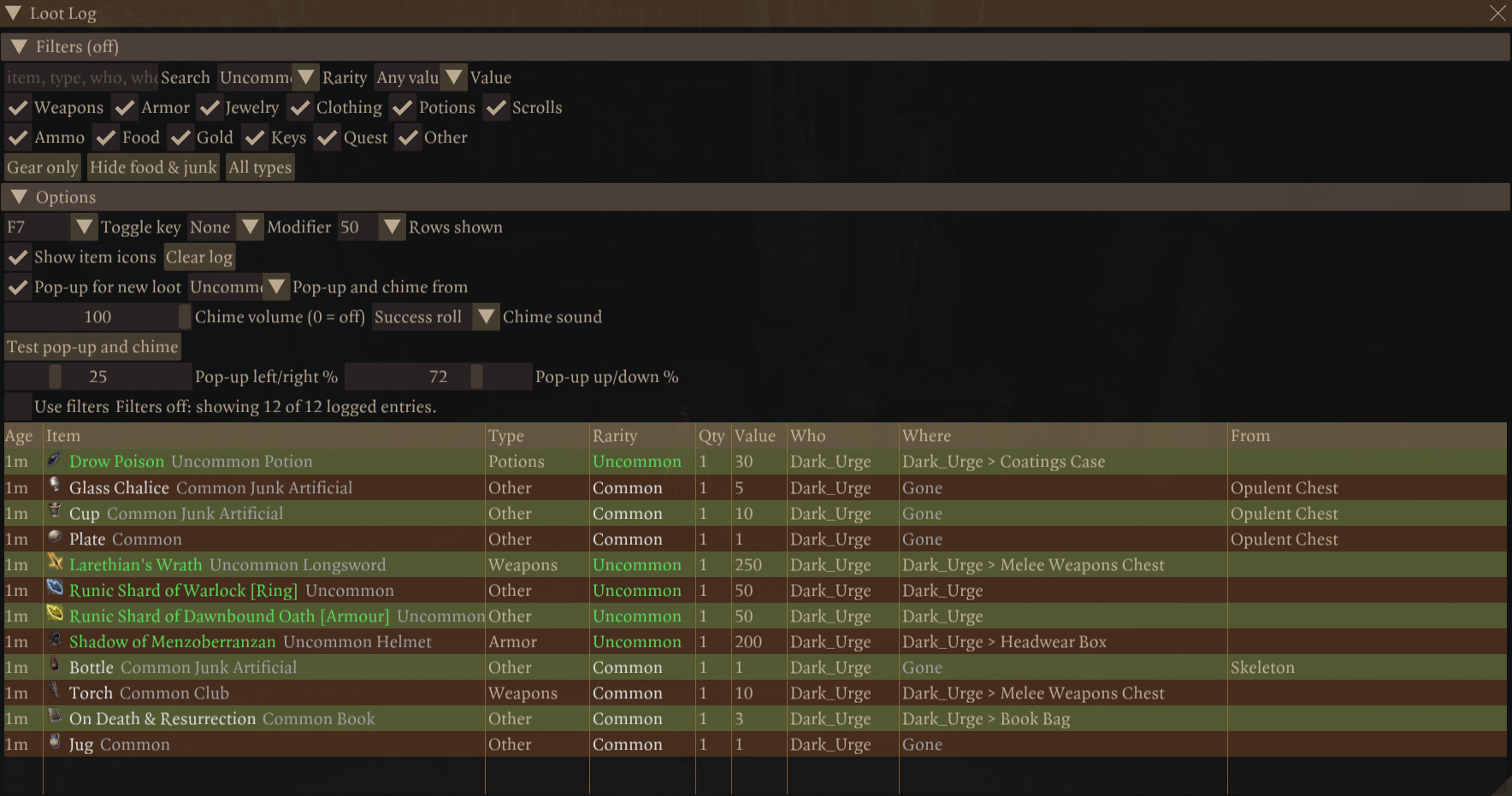 The Loot Log window: filters, options, and the log with the current place and the source of each item