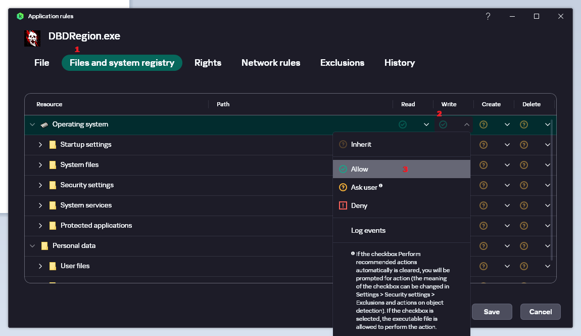 A guide screenshot with numbers. 1 Files and system registry, 2 Write setting aligned 3. Write setting is set to allow