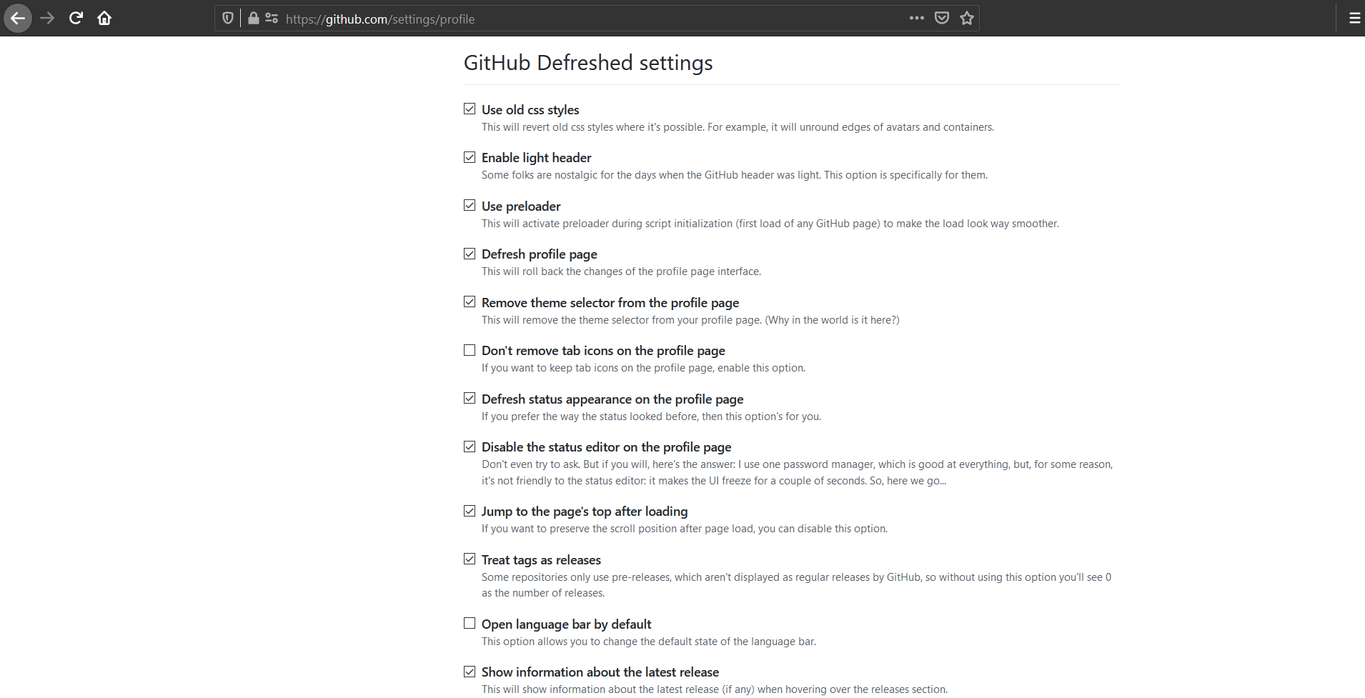 Preview of the GitHub Defreshed's settings
