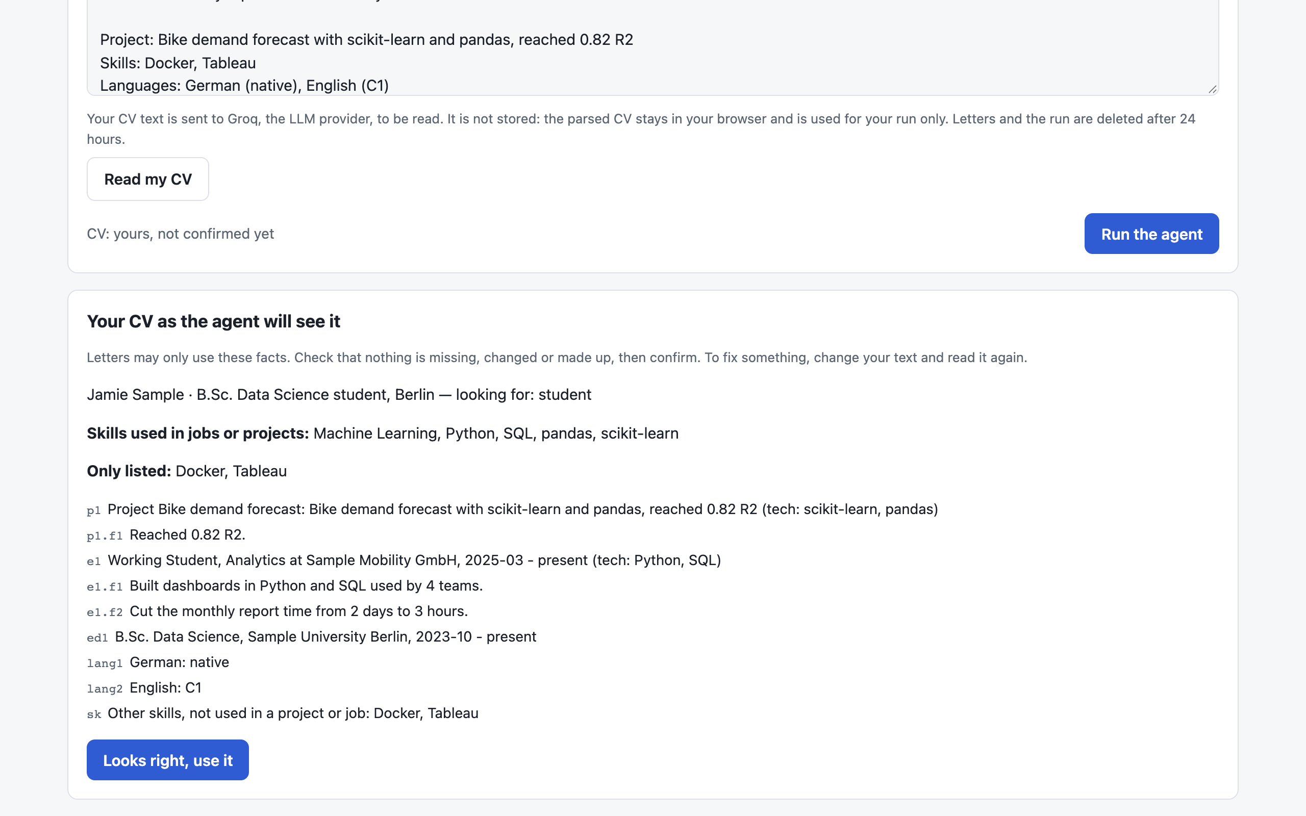A pasted CV as the agent will see it, before the person confirms it