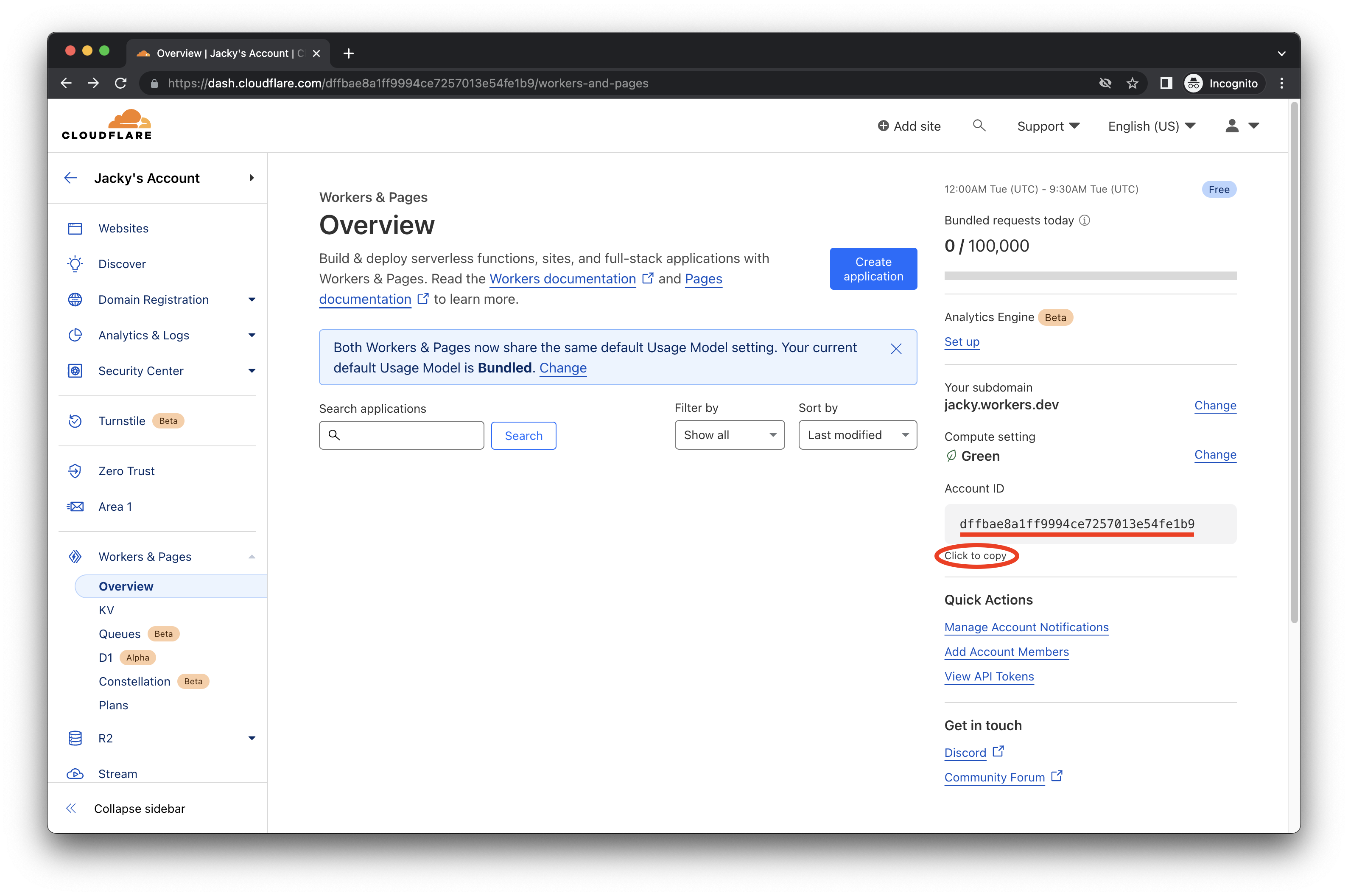 Cloudflare Workers dashboard highlighting account ID