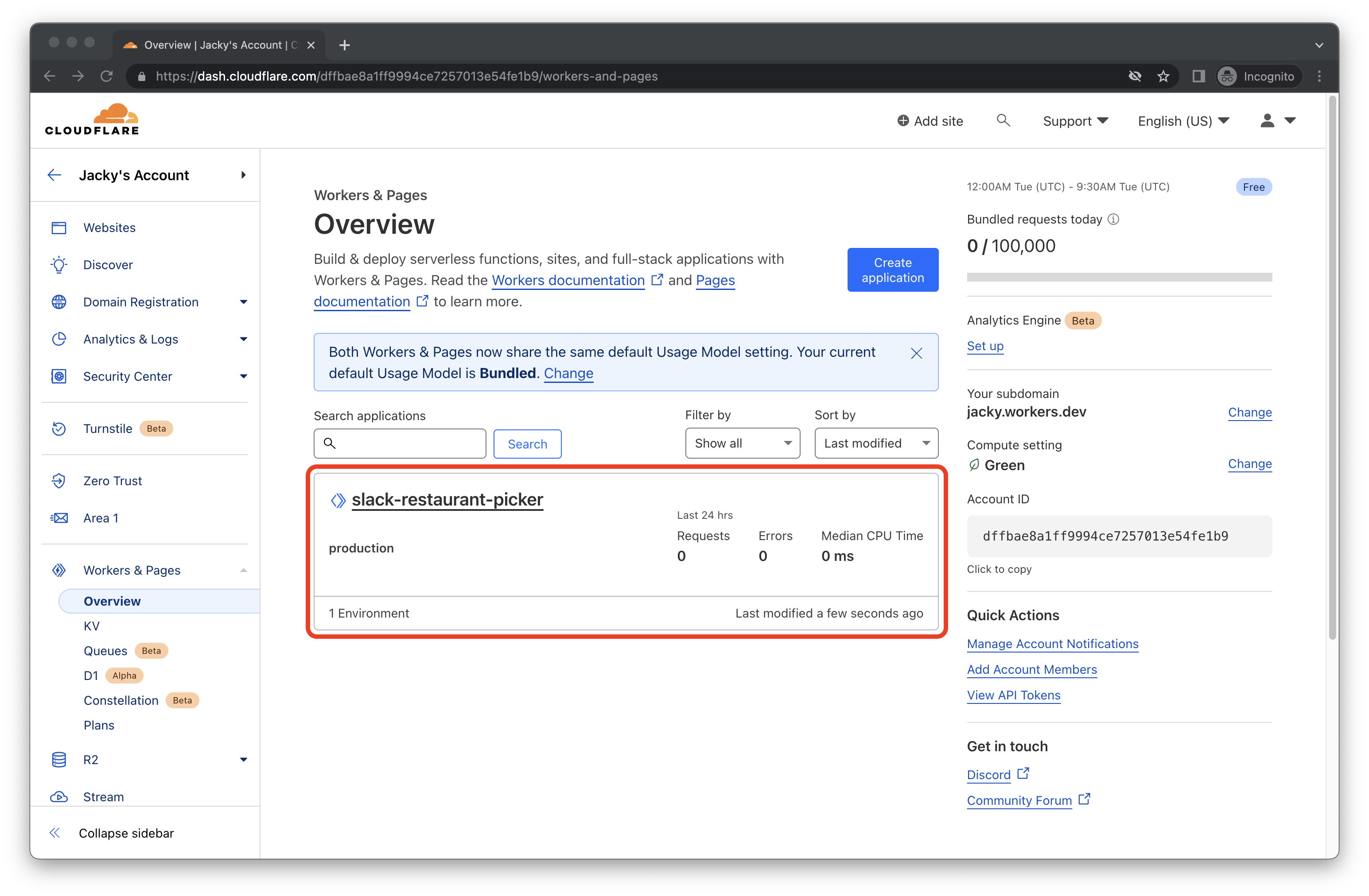 Cloudflare Workers dashboard highlighting deployed Workers