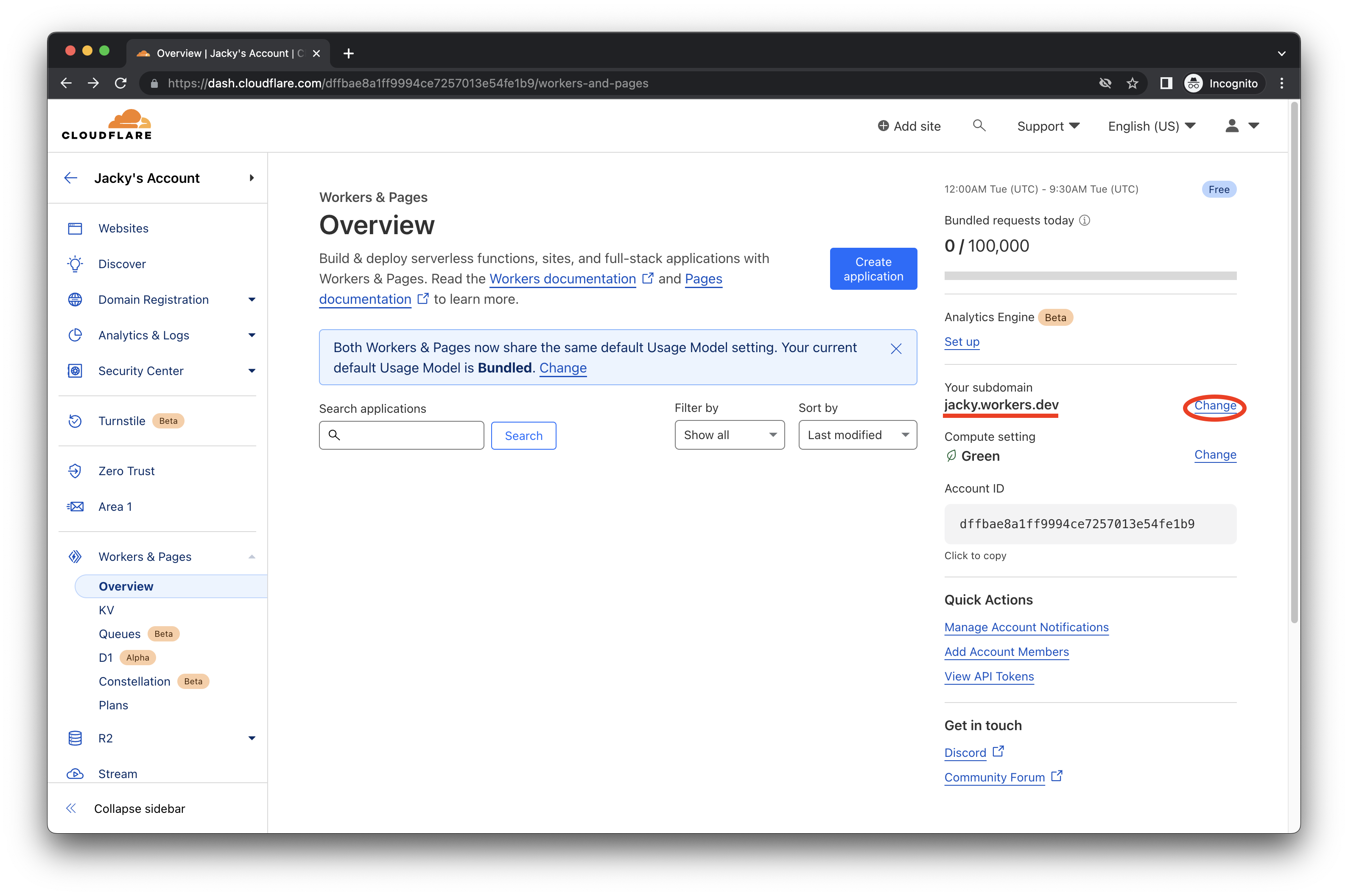 Cloudflare Workers dashboard highlighting domain