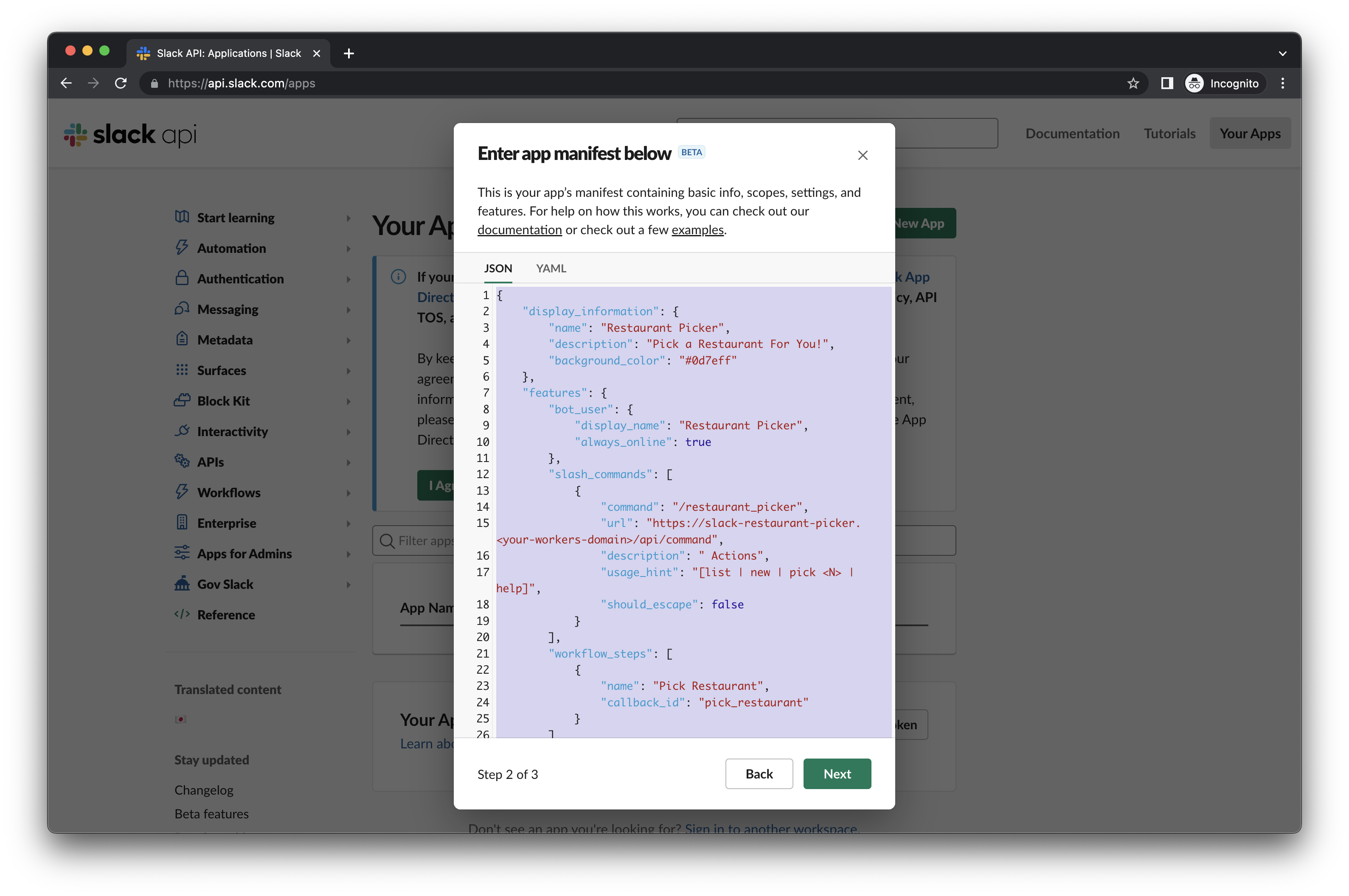 Slack dashboard create app replace manifest