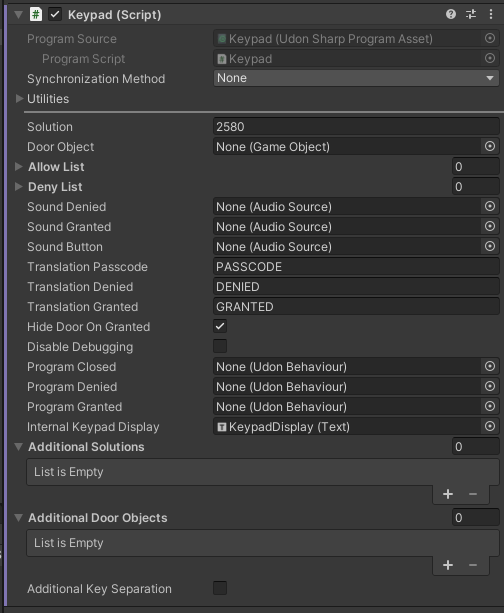 Settings available in the Keypad prefab