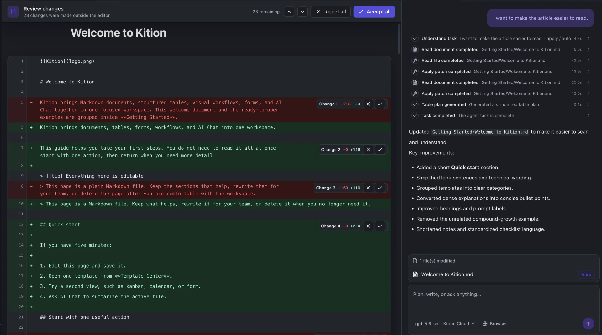 Kition document diff review showing AI additions and deletions with controls to accept or reject each change