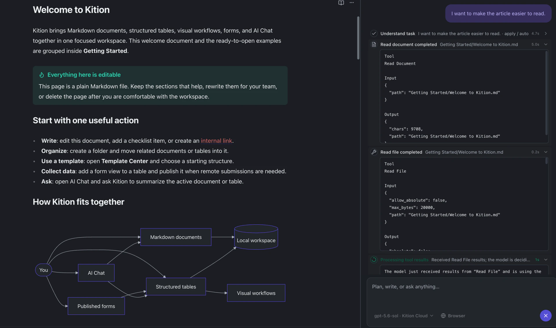 Kition open source AI Agent reading and editing the active Markdown document beside a visible tool execution trace