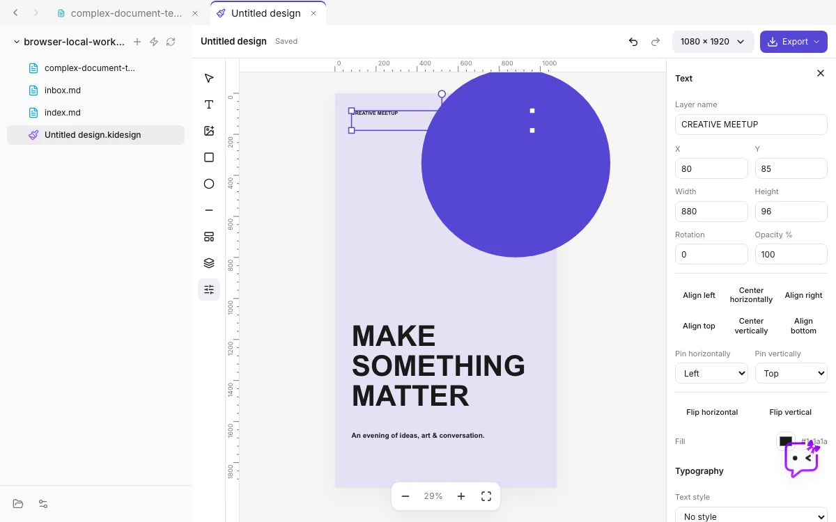 Kition Design Studio editing a poster with an Agent preview, size variants, and a brand kit