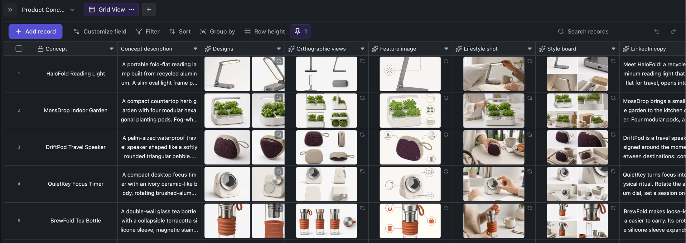 Kition batch product design table with generated designs, orthographic views, feature images, lifestyle shots, style boards, and launch copy