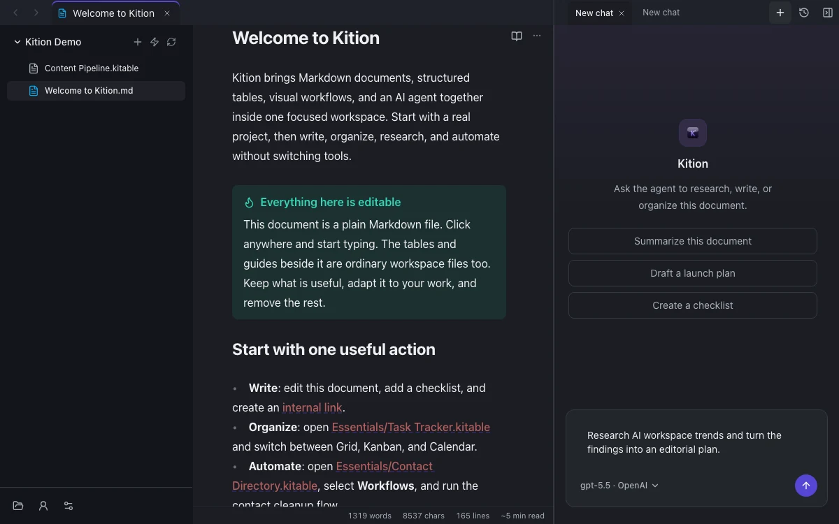 Kition Agent working beside a document and saving a result into the workspace