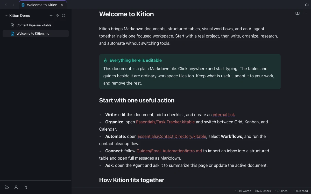 Kition document editor showing Markdown content and workspace navigation