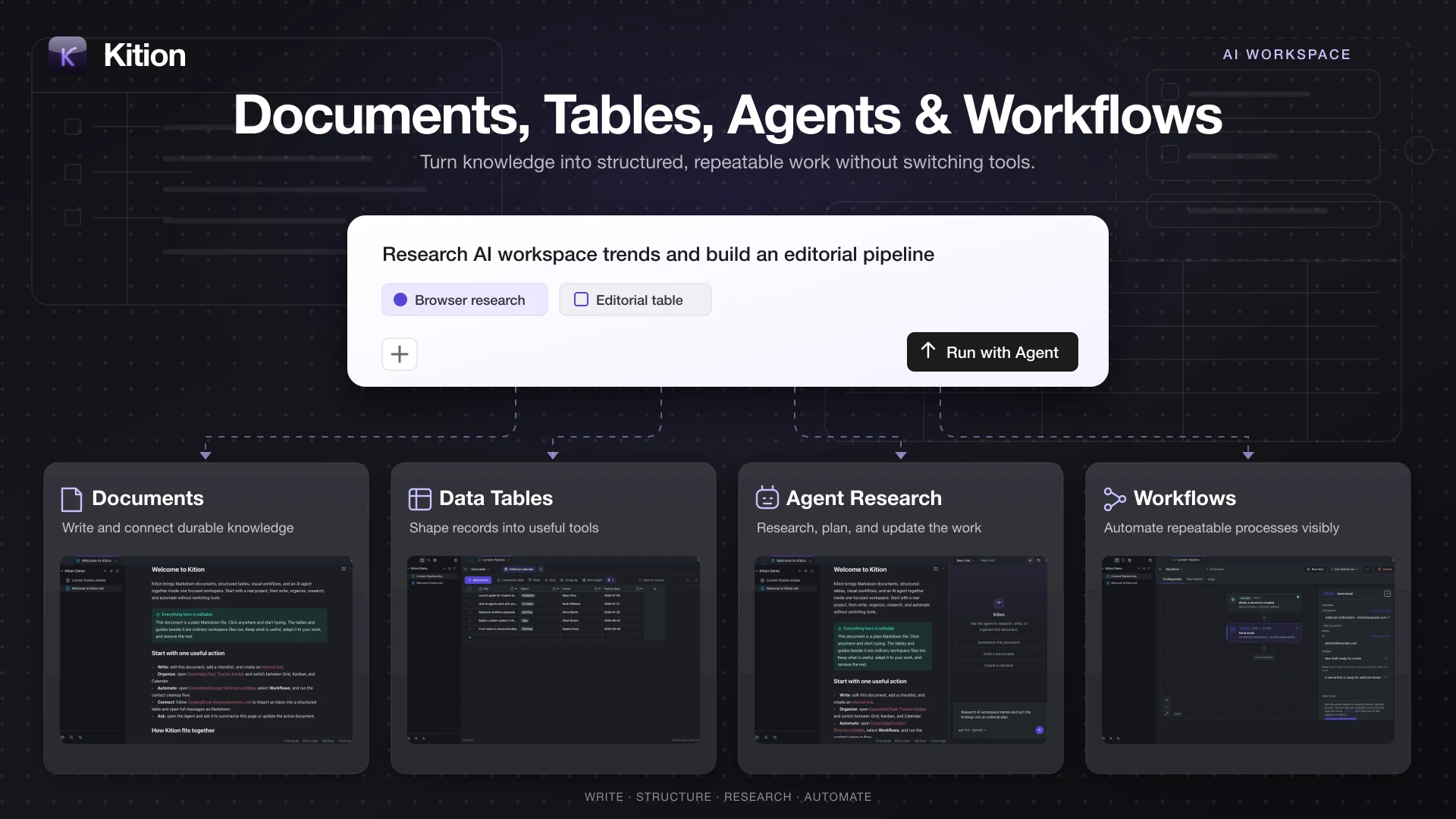 Kition product overview showing documents, structured data tables, Agent research, and visual workflows