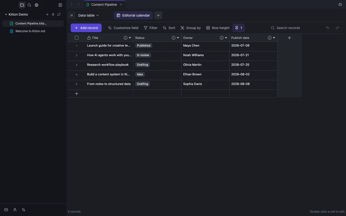 Kition structured table with typed fields, views, filters, and record controls