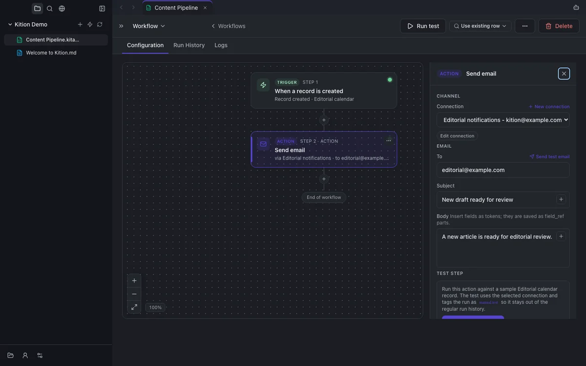 Kition visual workflow canvas with a trigger, action, configuration, and test controls