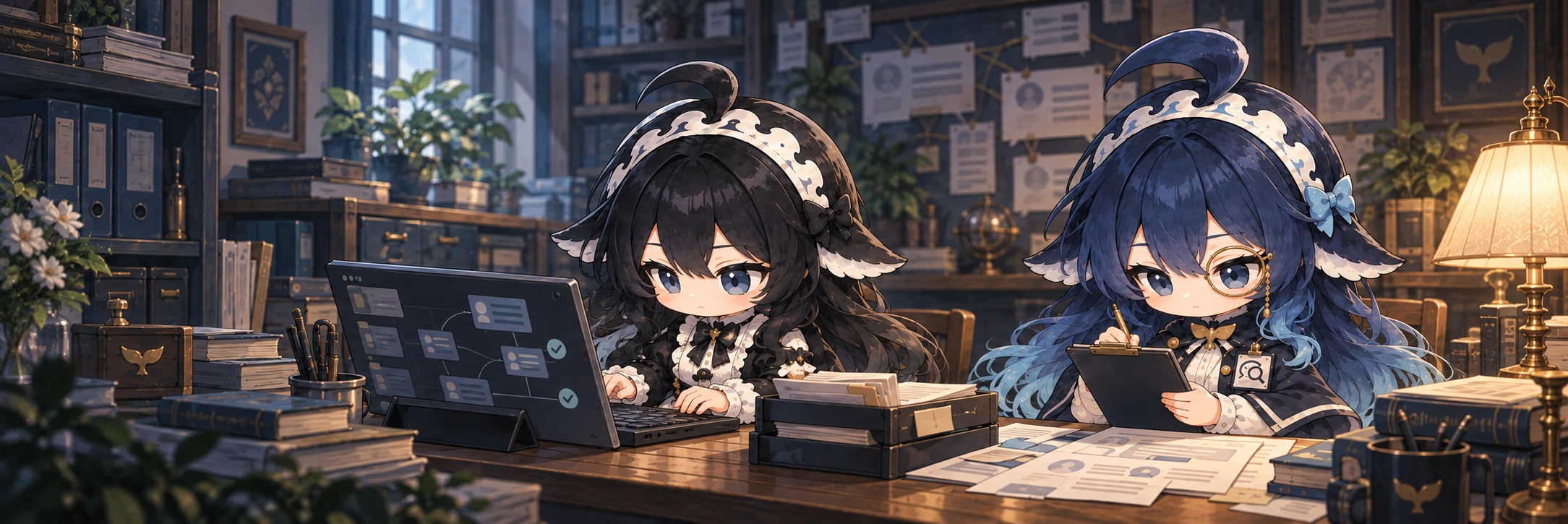 鲸声守望双角色值班台：黑鲸操作电脑，蓝鲸核对原文