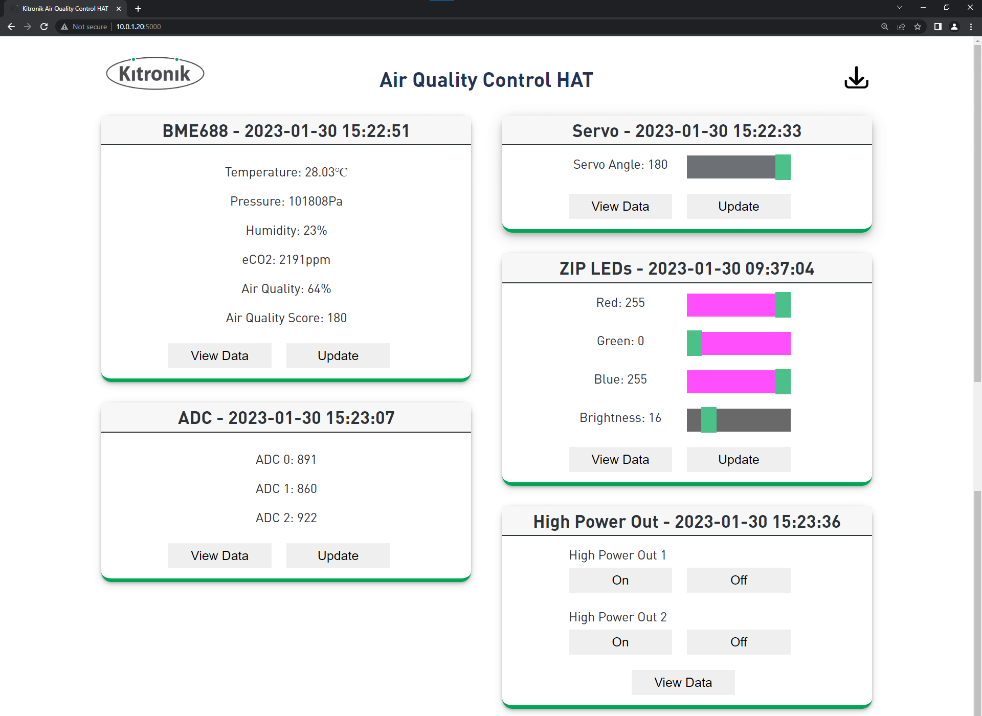 Kitronik Air Quality Control HAT Dashboard