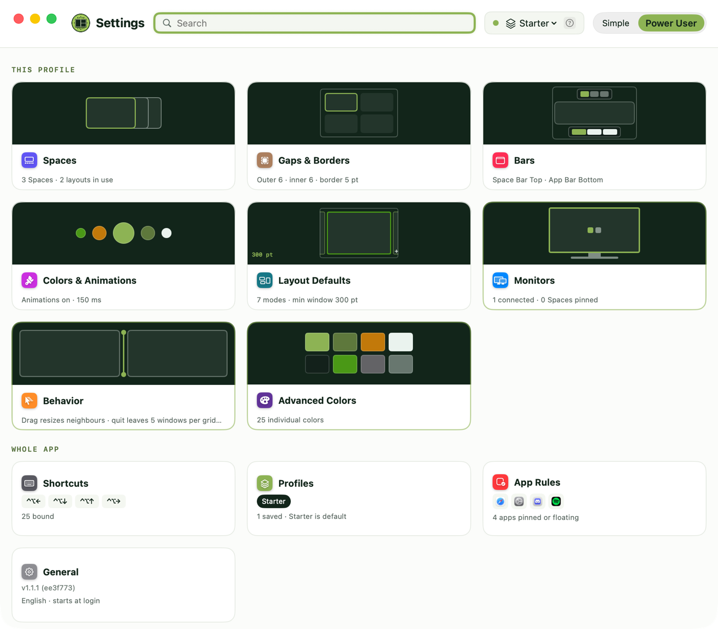 KiwiDesk Settings: spaces, gaps and borders, bars, layout defaults, shortcuts and profiles in a native macOS app