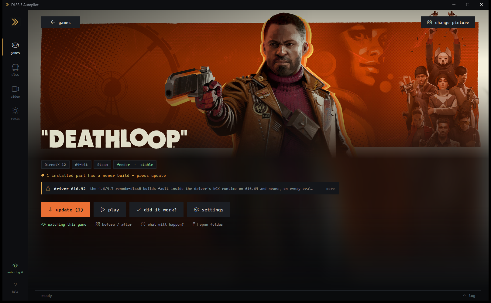 Tela de jogo do DLSS 5 Autopilot com rota e opções de instalação