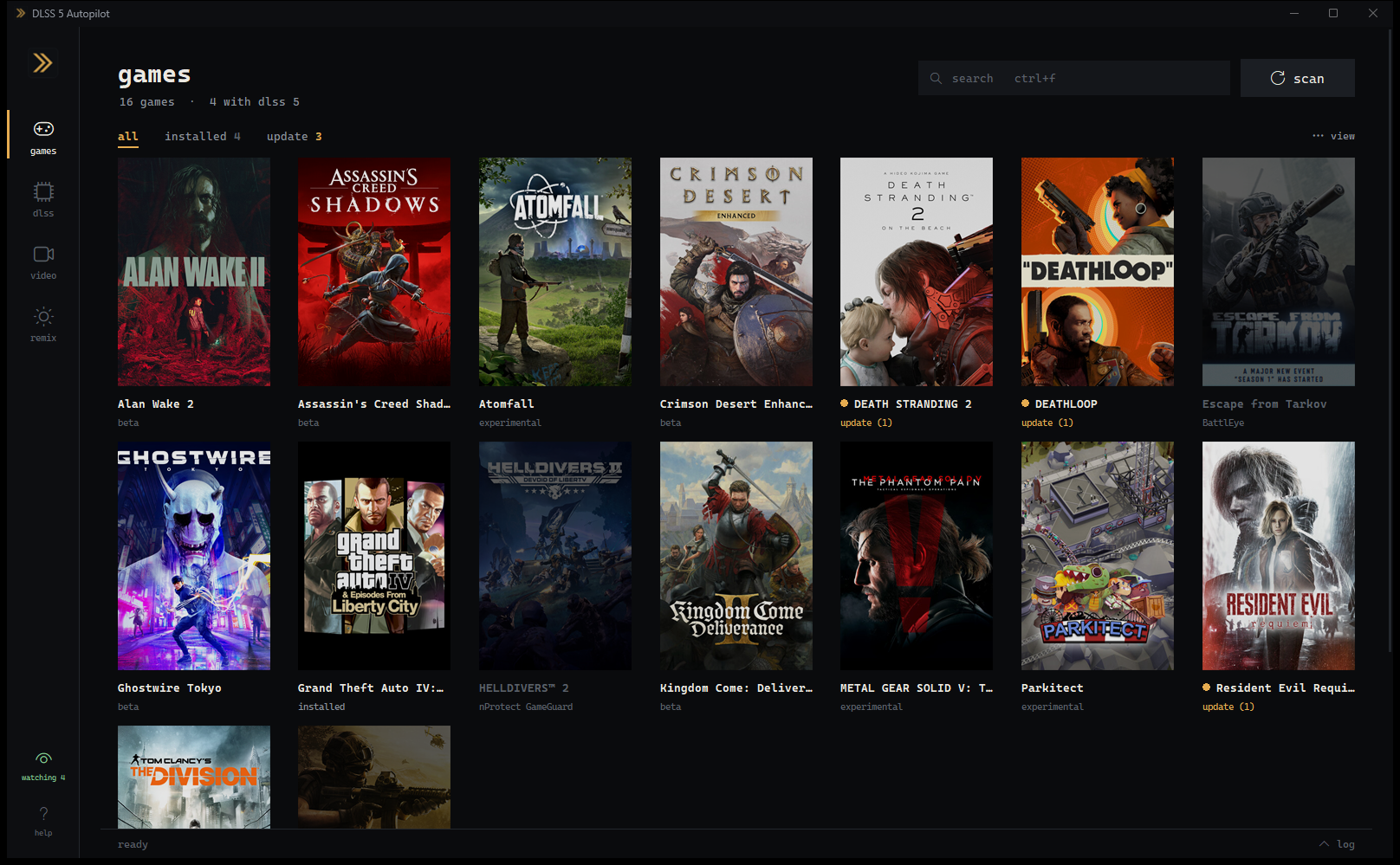 DLSS5-Autopilot library showing game covers with installed working update anti-cheat status lines