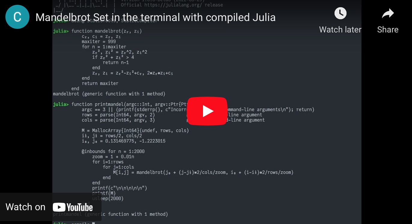 Mandelbrot Set in the terminal with compiled Julia