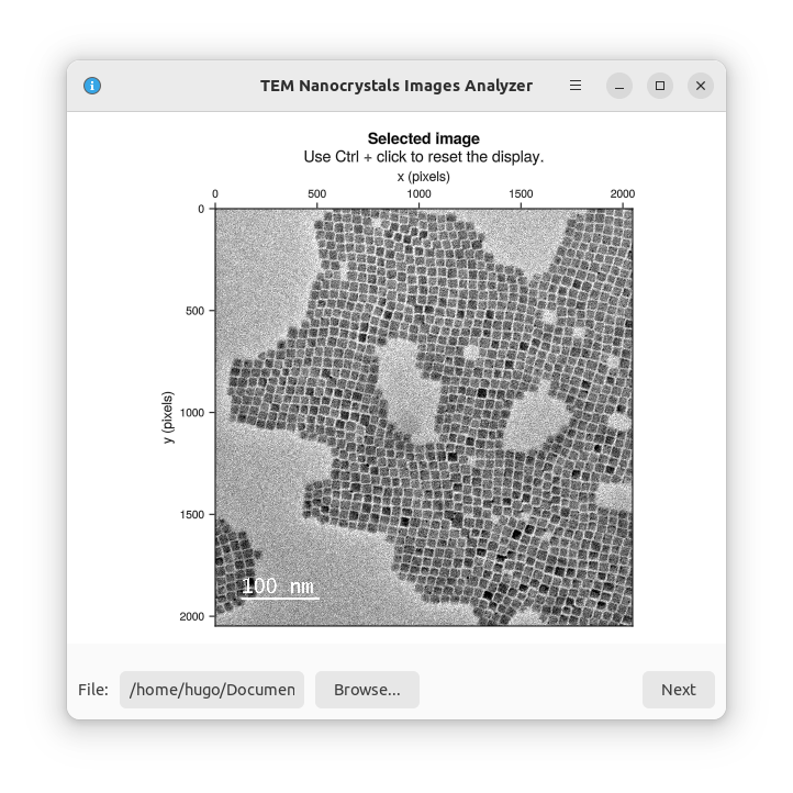 First panel of the application, with a TEM image loaded.