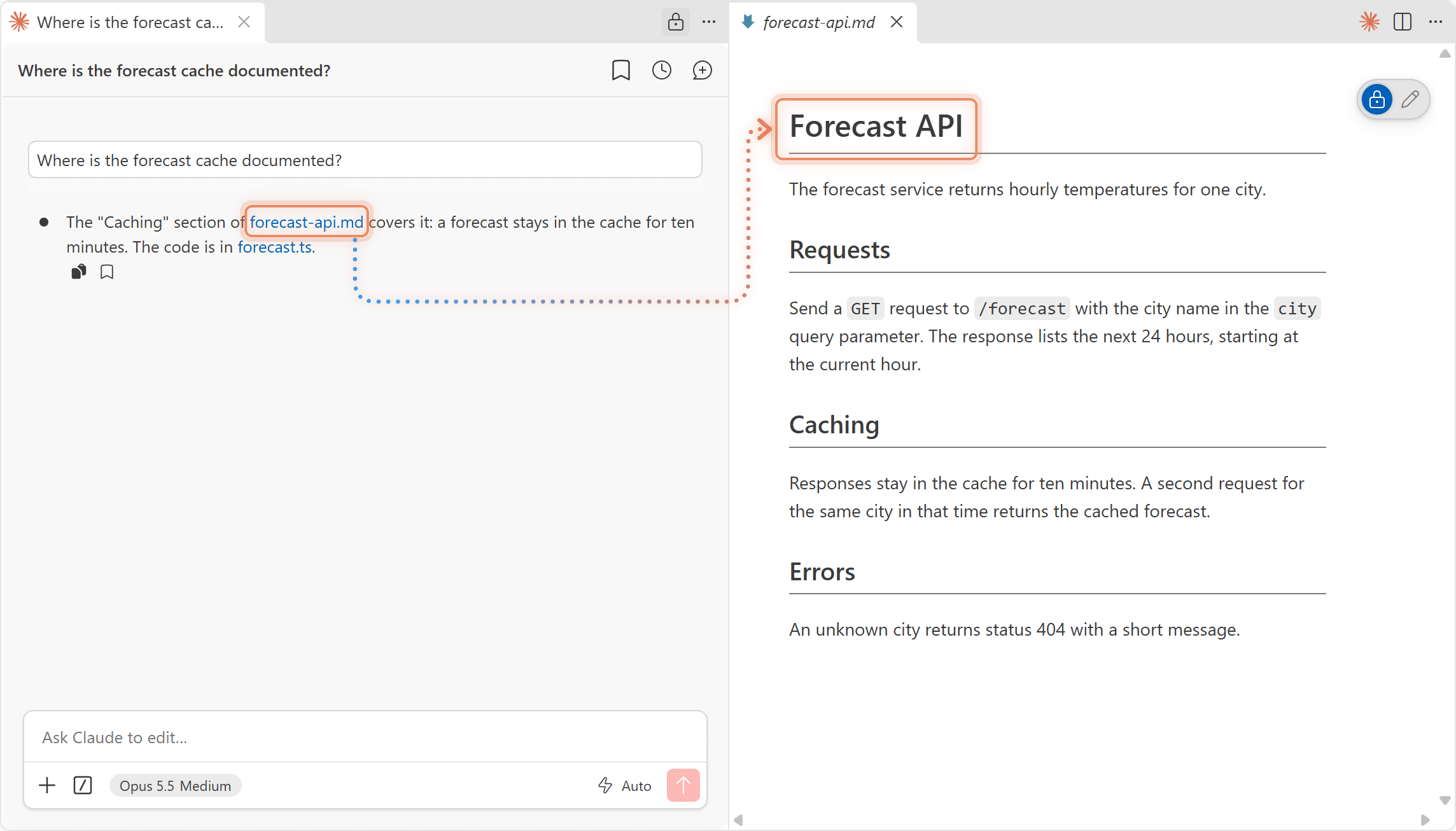 A chat link opened in the Markdown Editor