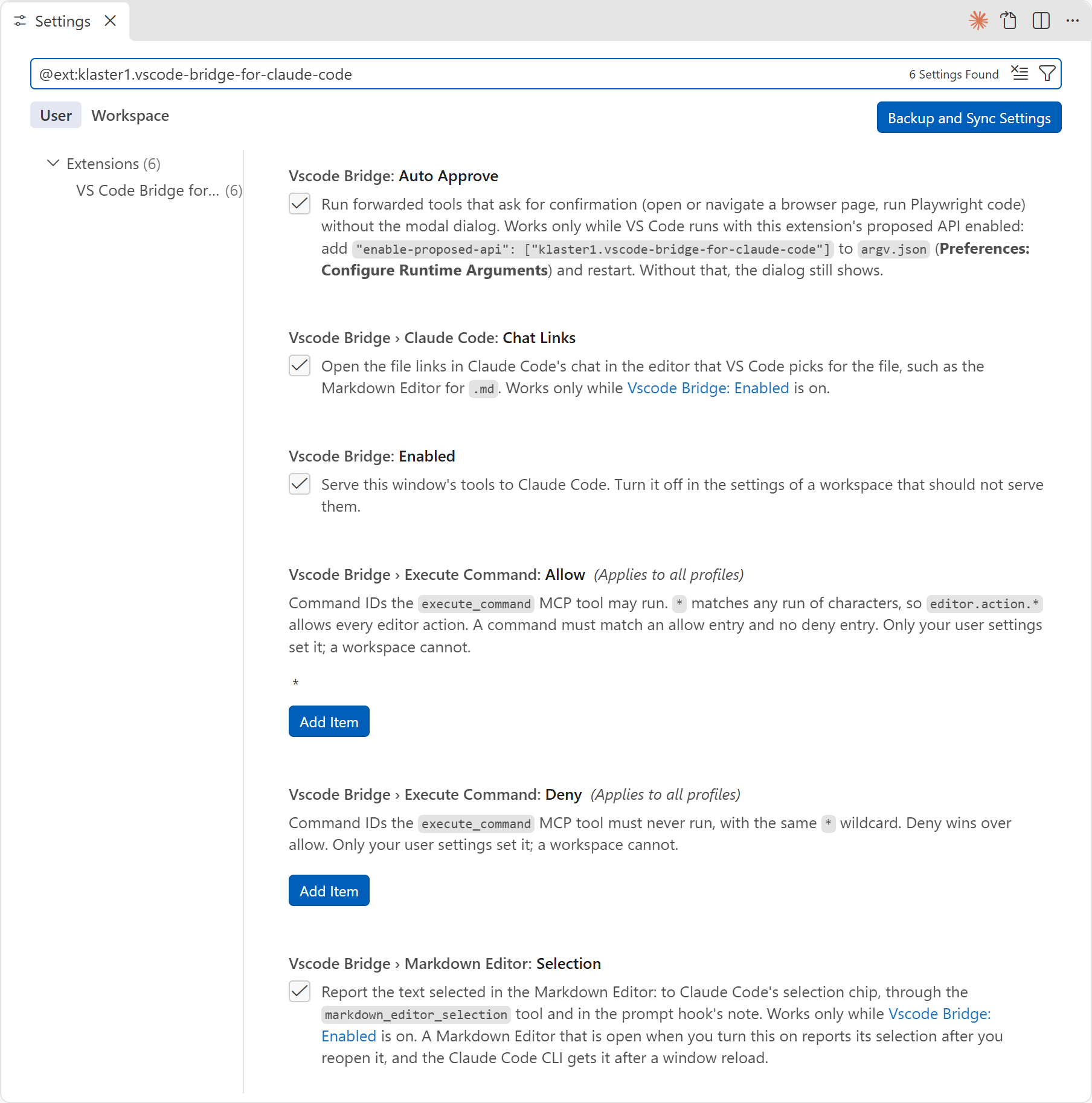 The extension's settings in the Settings editor
