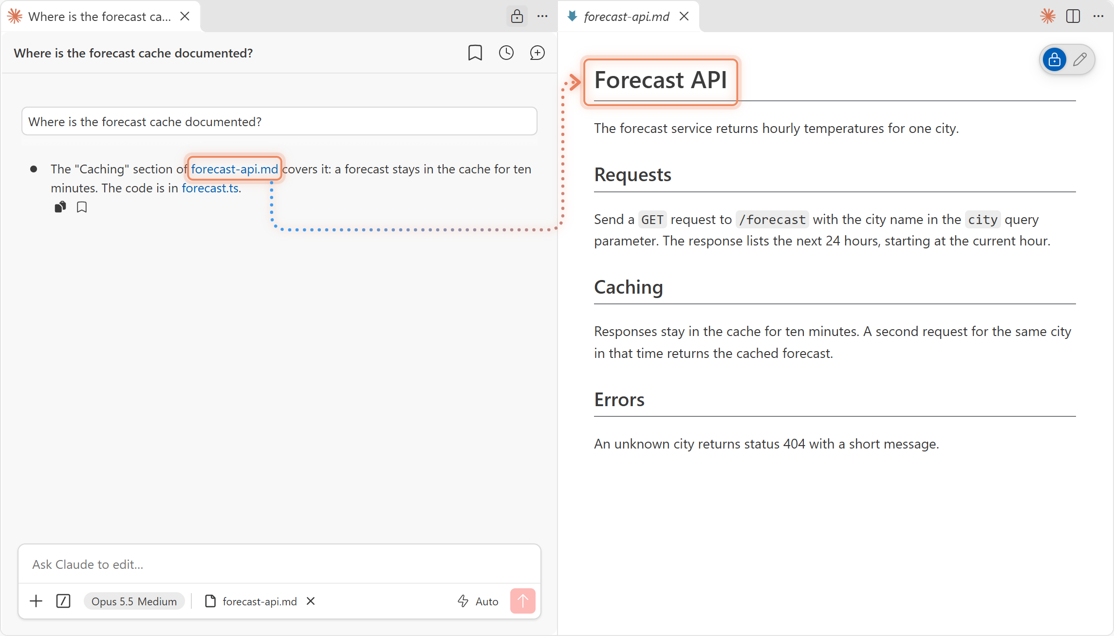 A chat link opened in the Markdown Editor