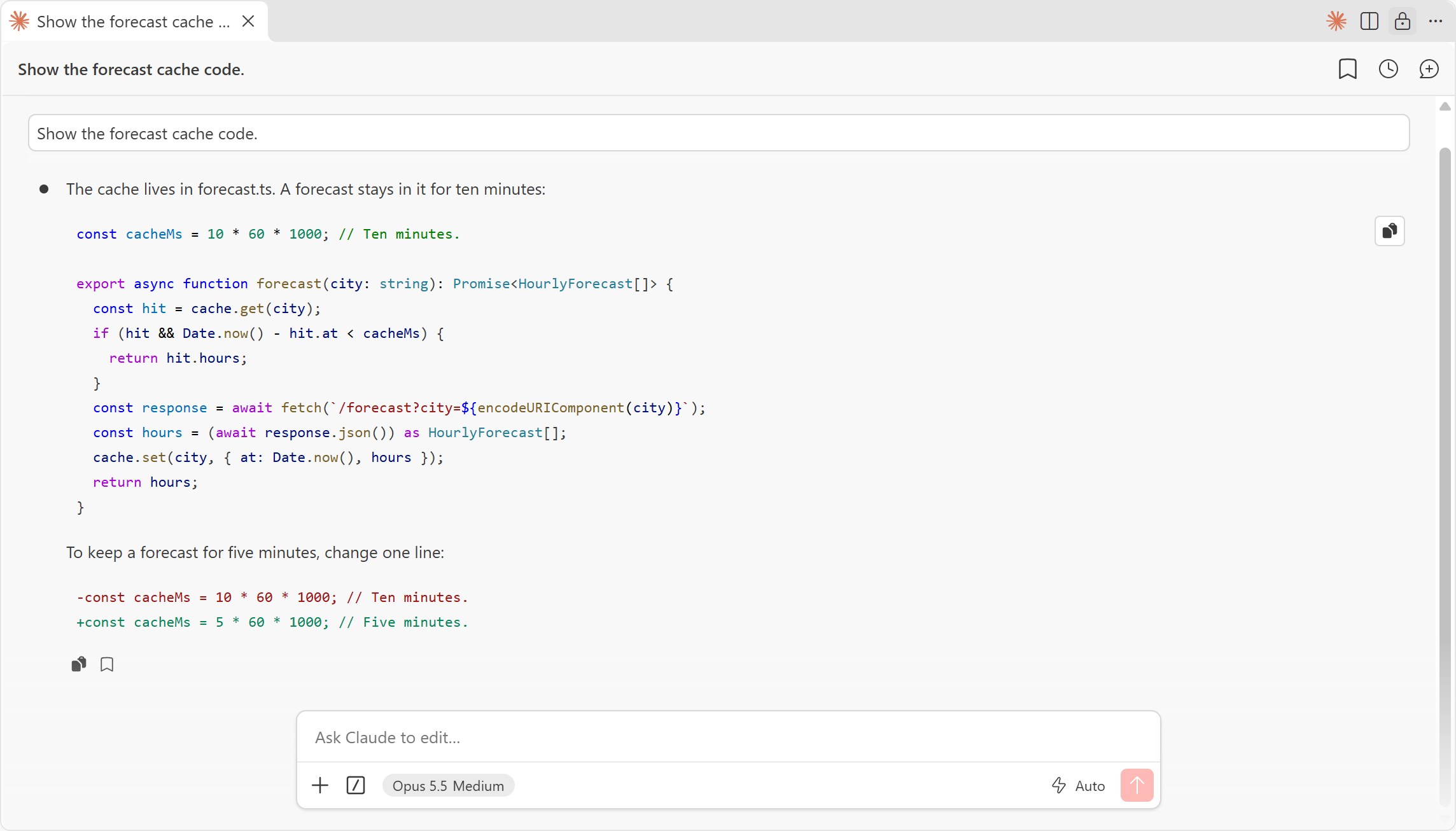 A TypeScript block and a diff block in Claude Code's chat, with colors