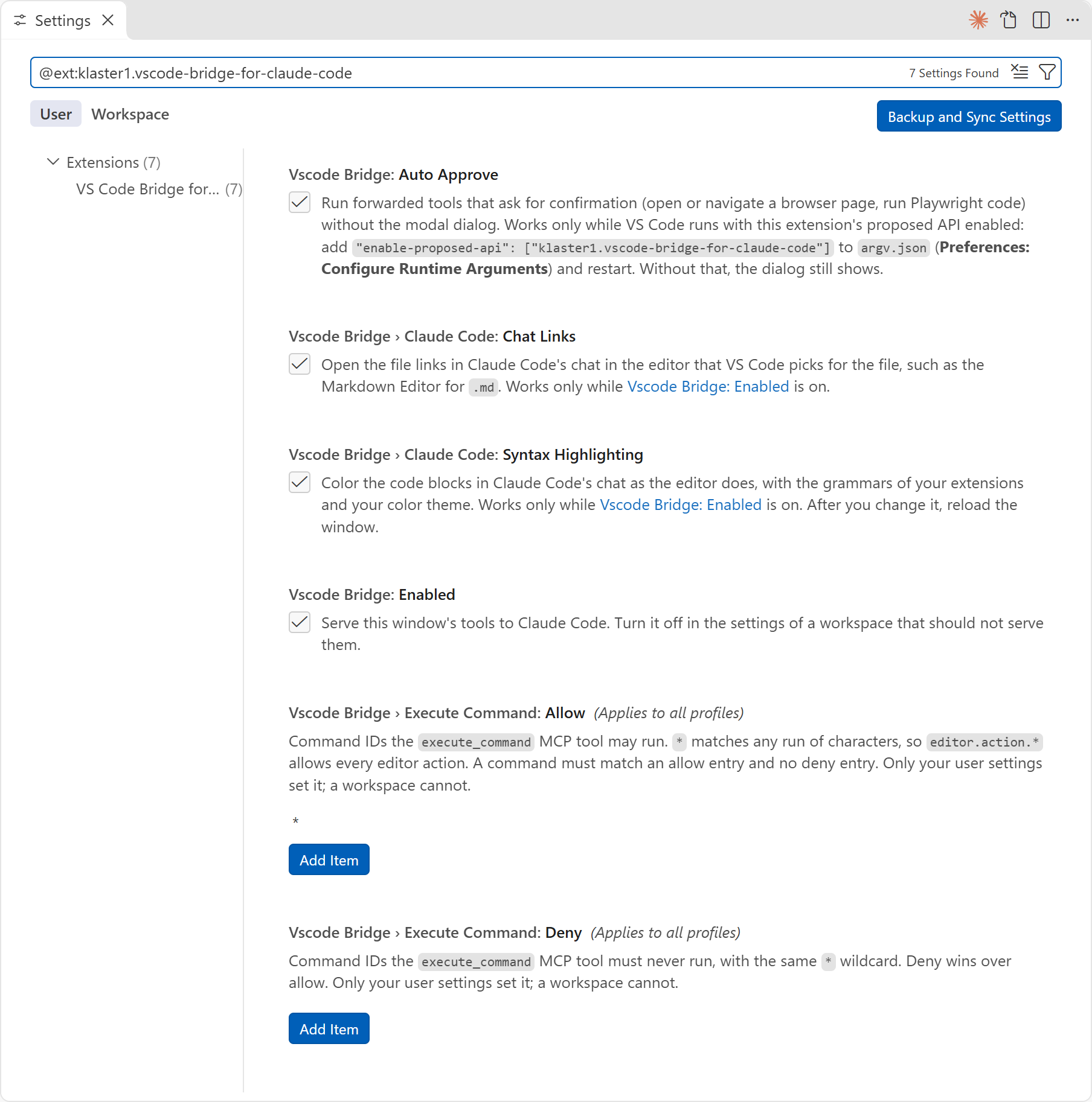 The extension's settings in the Settings editor