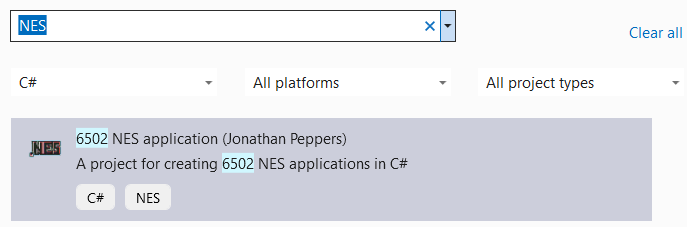 Screenshot of the NES project template in Visual Studio