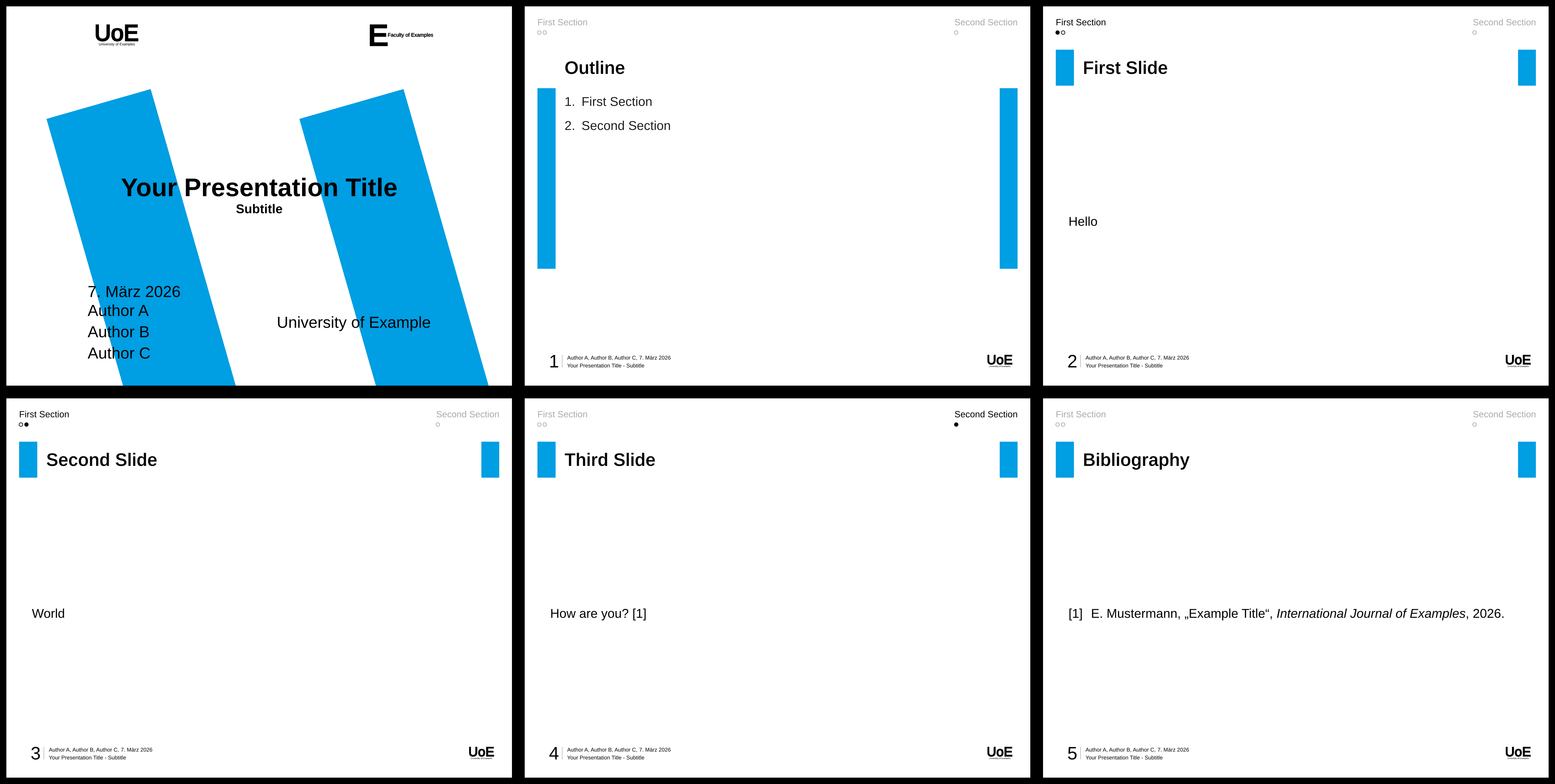 An image of all 6 slides of the example presentation