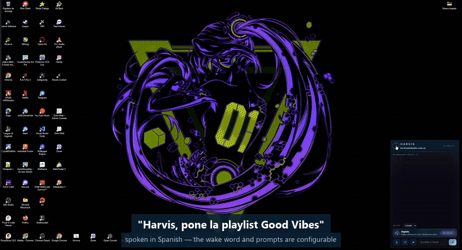 Asking HARVIS out loud to play a playlist — it opens YouTube Music and starts it