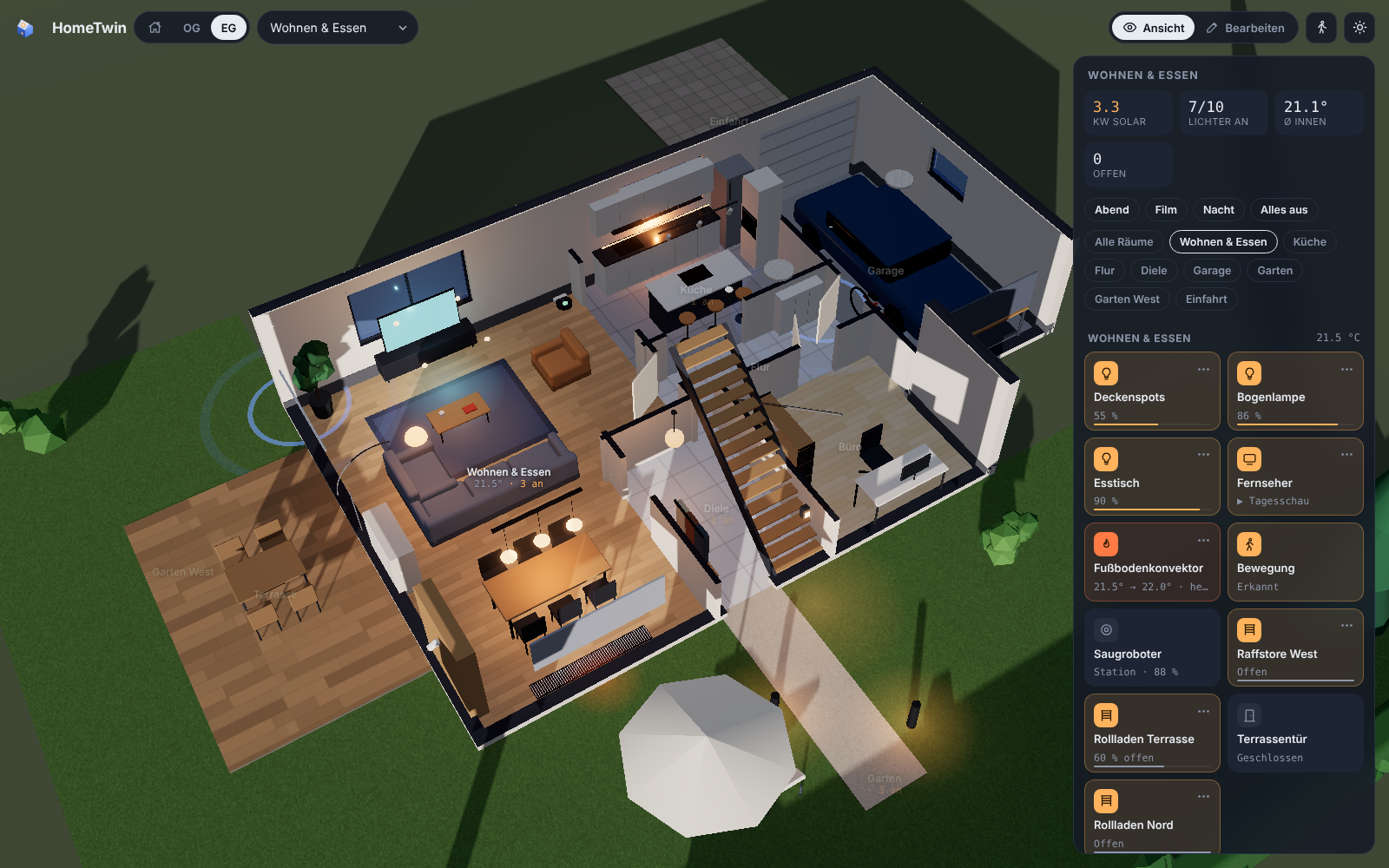 HomeTwin: an illuminated room in the interactive 3D view
