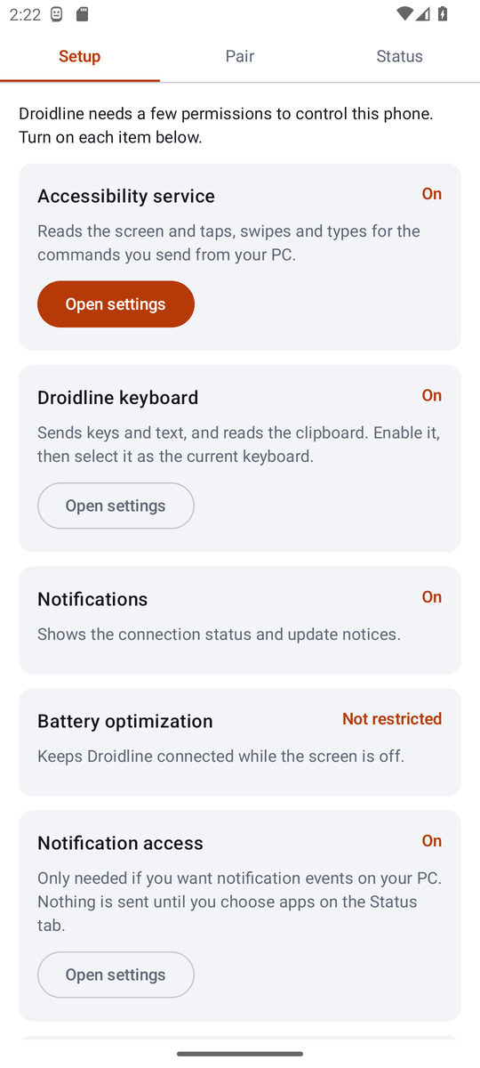 Setup tab with every permission switched on