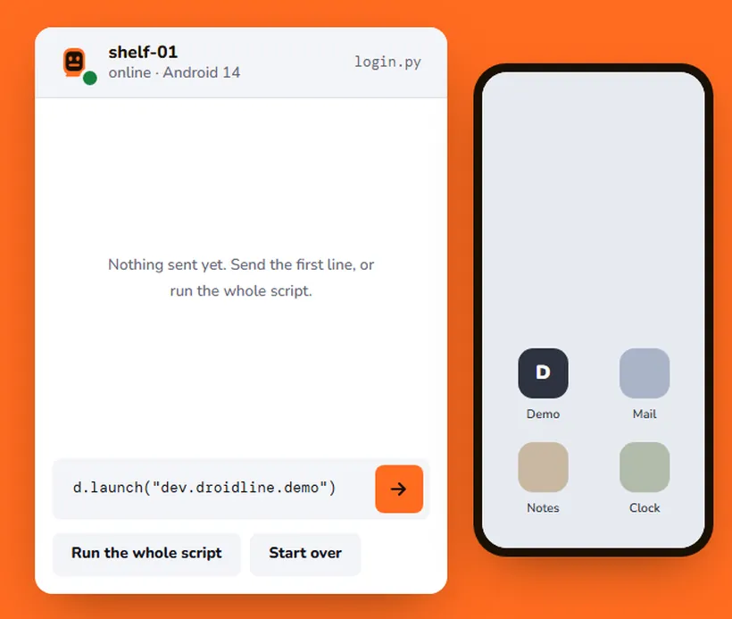 A script sends six lines to a phone: launch the demo app, close the ad, type an email, tick Keep me signed in, tap Log in, and wait for the main screen. Each line gets a reply with how the tap was delivered, and the phone screen changes to match.