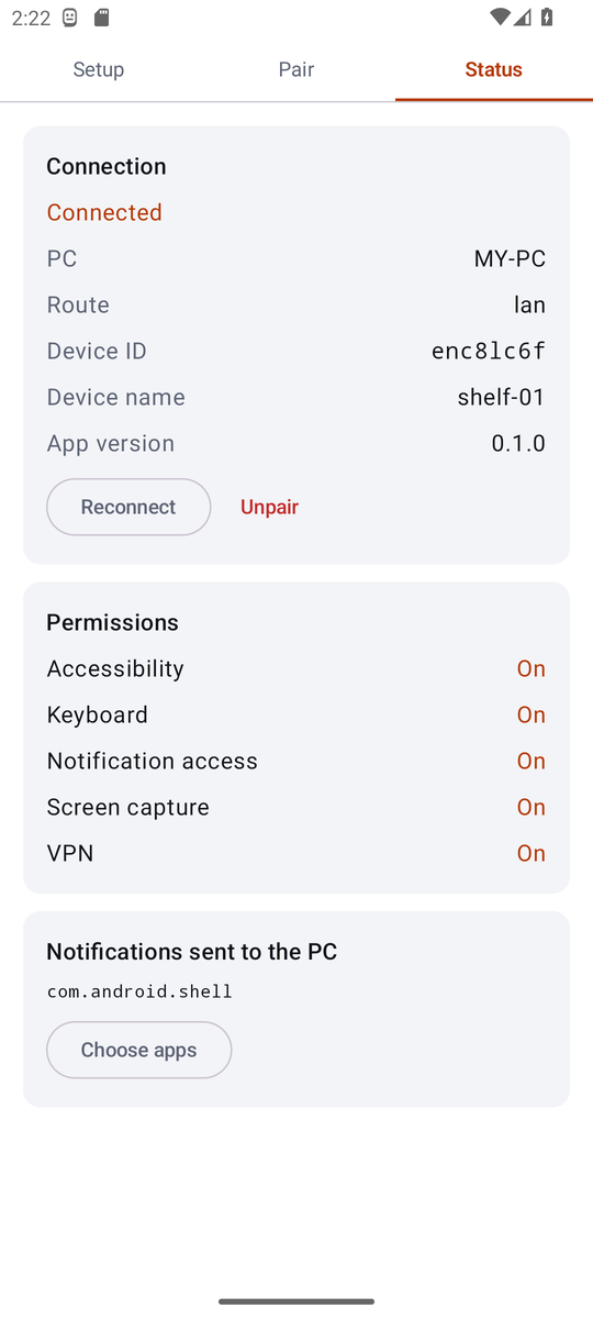 Status tab of a connected phone with its route and permissions