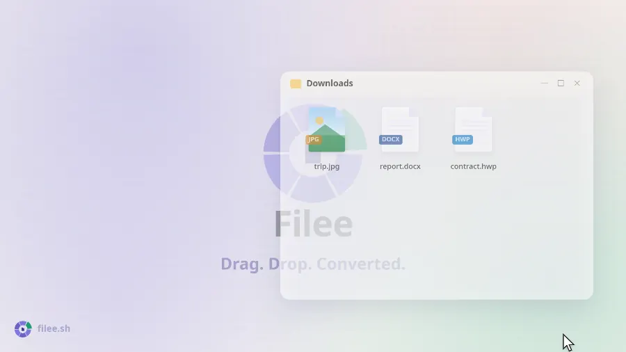 Dragging trip.jpg with Ctrl held: a donut of formats opens at the cursor, the file is dropped on PNG, a progress ring completes and trip.png appears