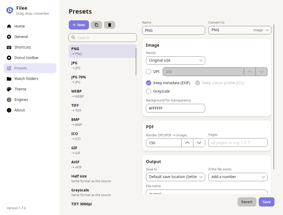 Preset editor with quality and output options