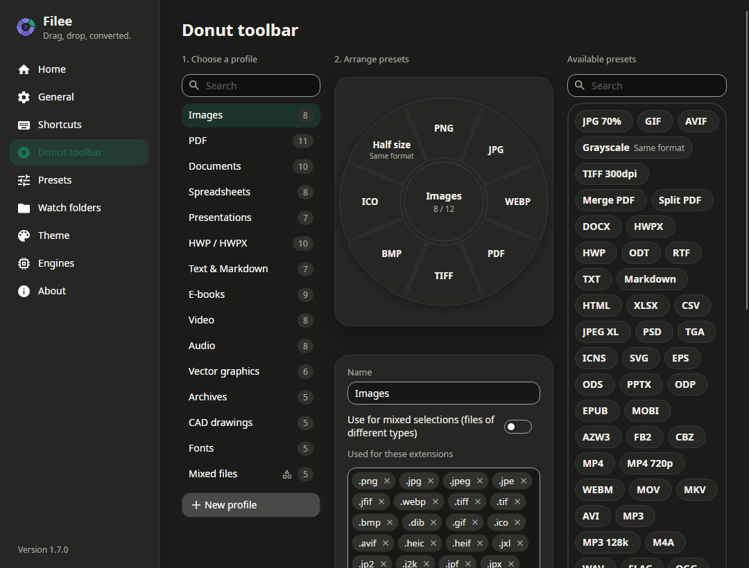 Donut toolbar editor in the dark theme